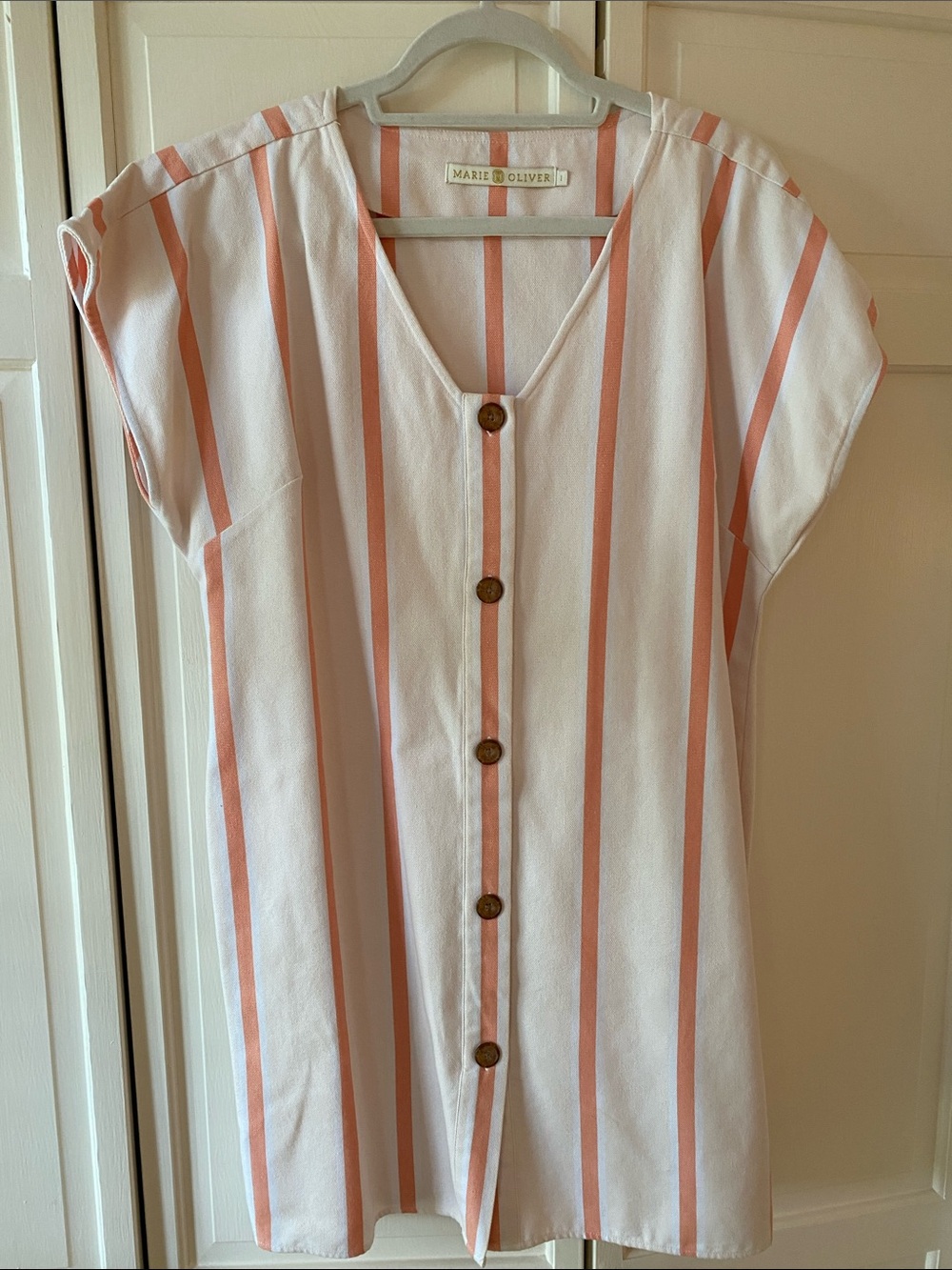 Marie Oliver White and Orange/Peach-Stripe Button Front Dress